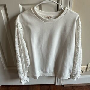 Skies Are Blue White Sweater with Lace Sleeves